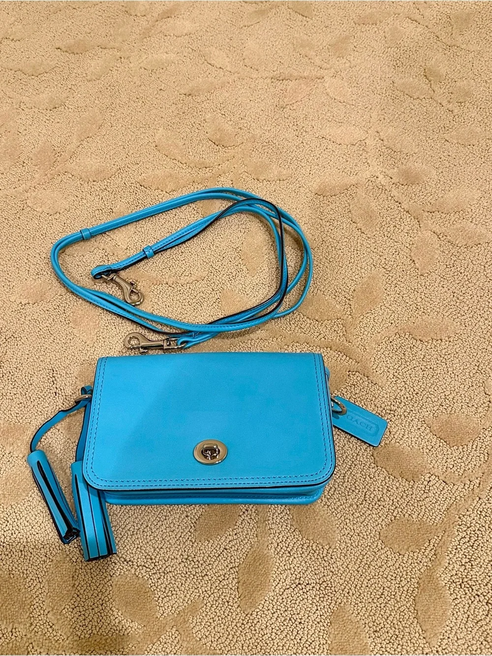 Coach Turquoise Leather Crossbody Bag with Tassel Accent